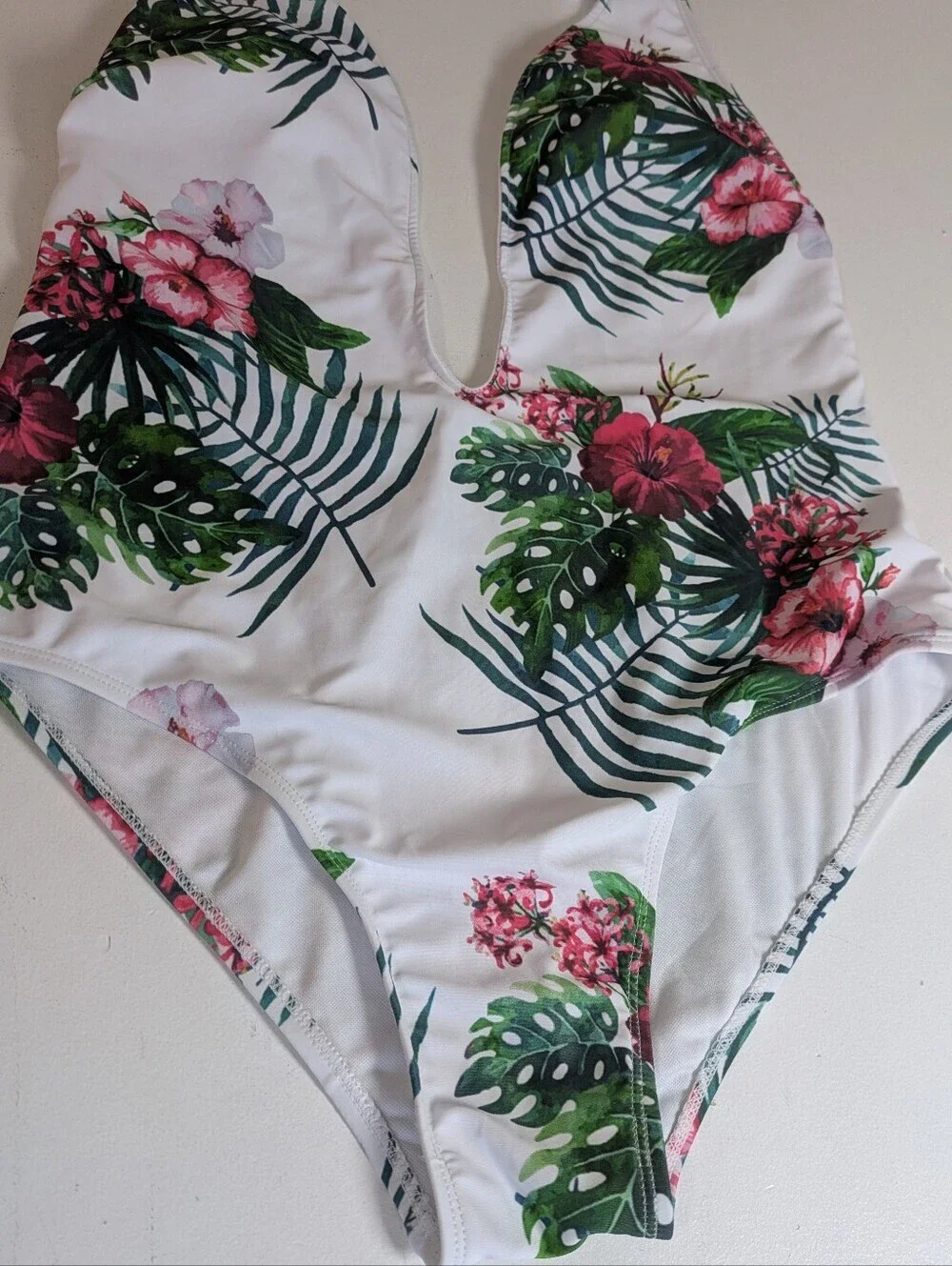 Floral Womens Swimwear Size L Halter Neck Monokini Tropical White Green Cut Out